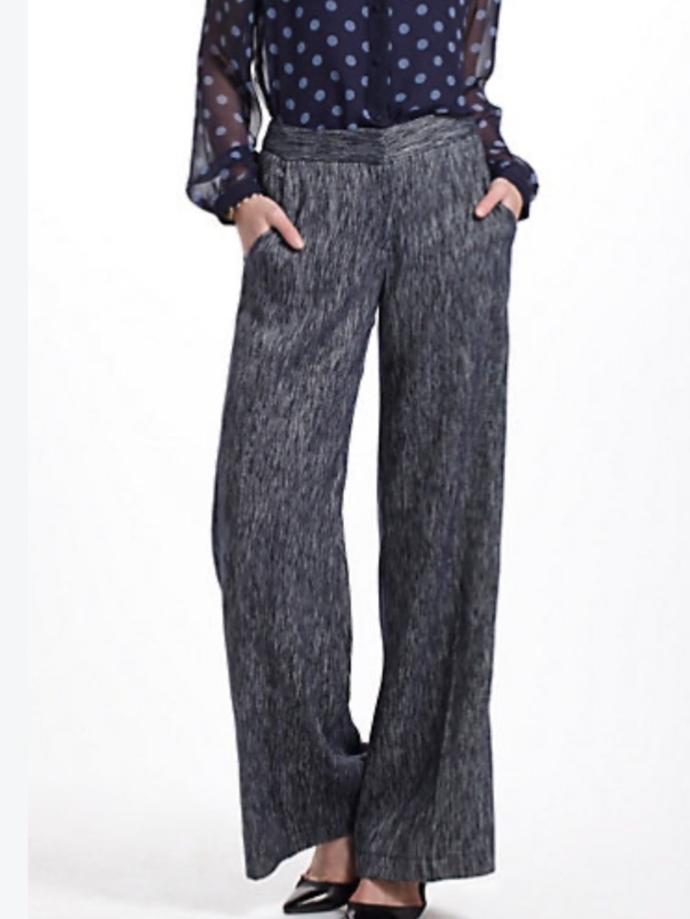 Gorgeous vtg Anthropologie Elevenses Tweed Wide-Leg Pants blue white 12 long
